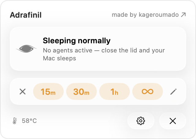 Hold — a duration picker to keep the Mac awake yourself for 15m, 30m, an hour, or indefinitely