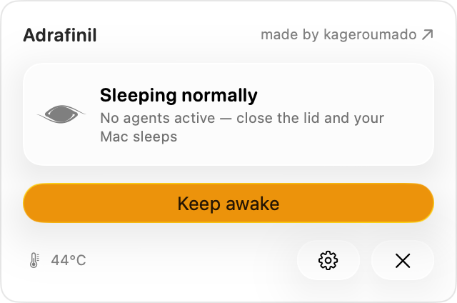Idle — no agents, normal sleep, with a Keep awake button to hold it open yourself
