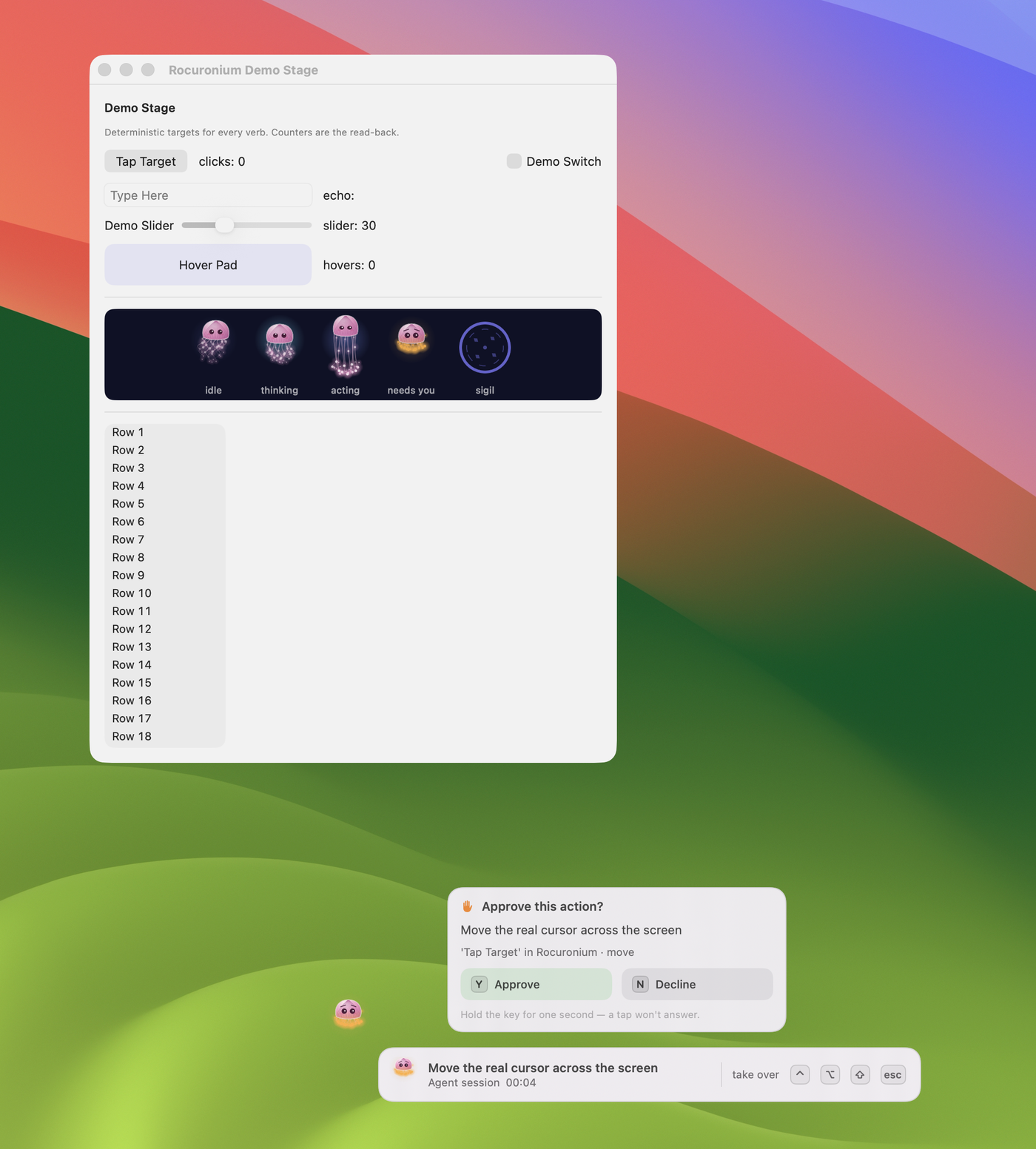 The presence overlay while an agent asks to move the cursor: the jellyfish escort, the approve/decline prompt answered by holding Y or N, and the bezel narrating the action with the take-over shortcut
