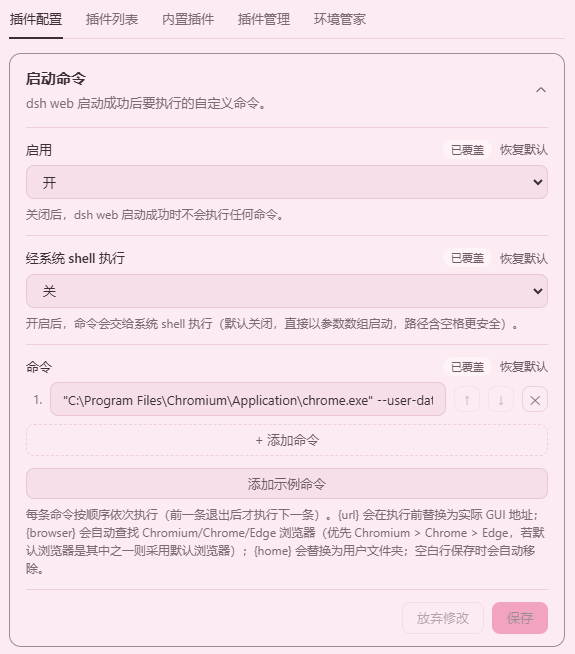 启动命令设置卡片（简体中文）