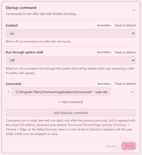 Startup command settings card (English)