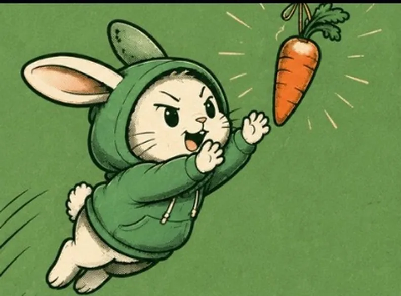 Rabiet, a rabbit in a green hood, leaping for a carrot he will not catch