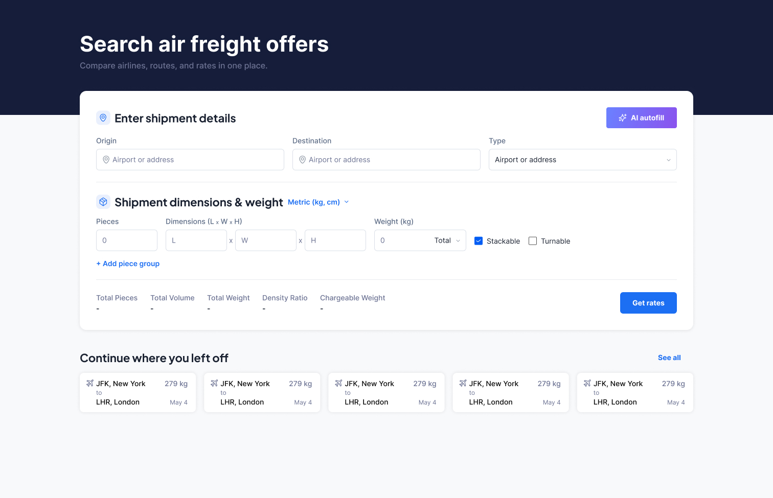 AI Shipment Assistant input form with AI-filled fields and a verification banner