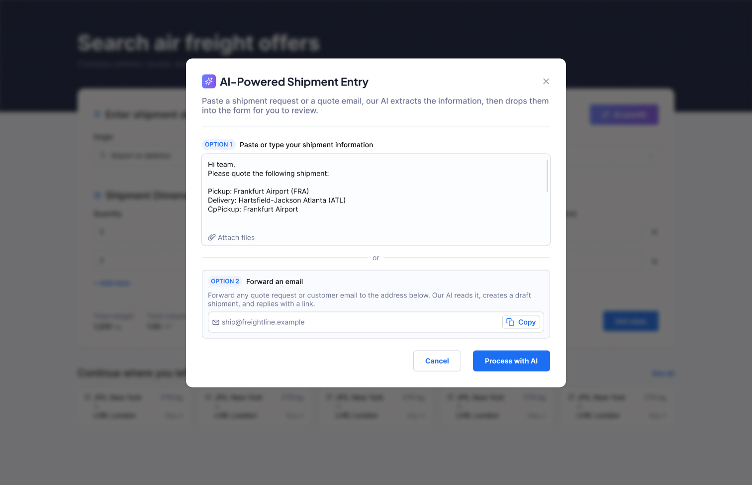 Screen states of the AI Shipment Assistant showing the discovery of the forwarding email address