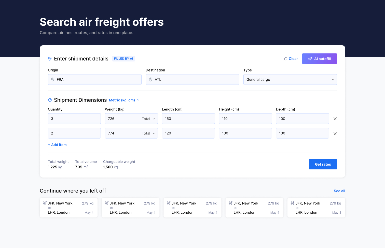 AI Shipment Assistant search results screen