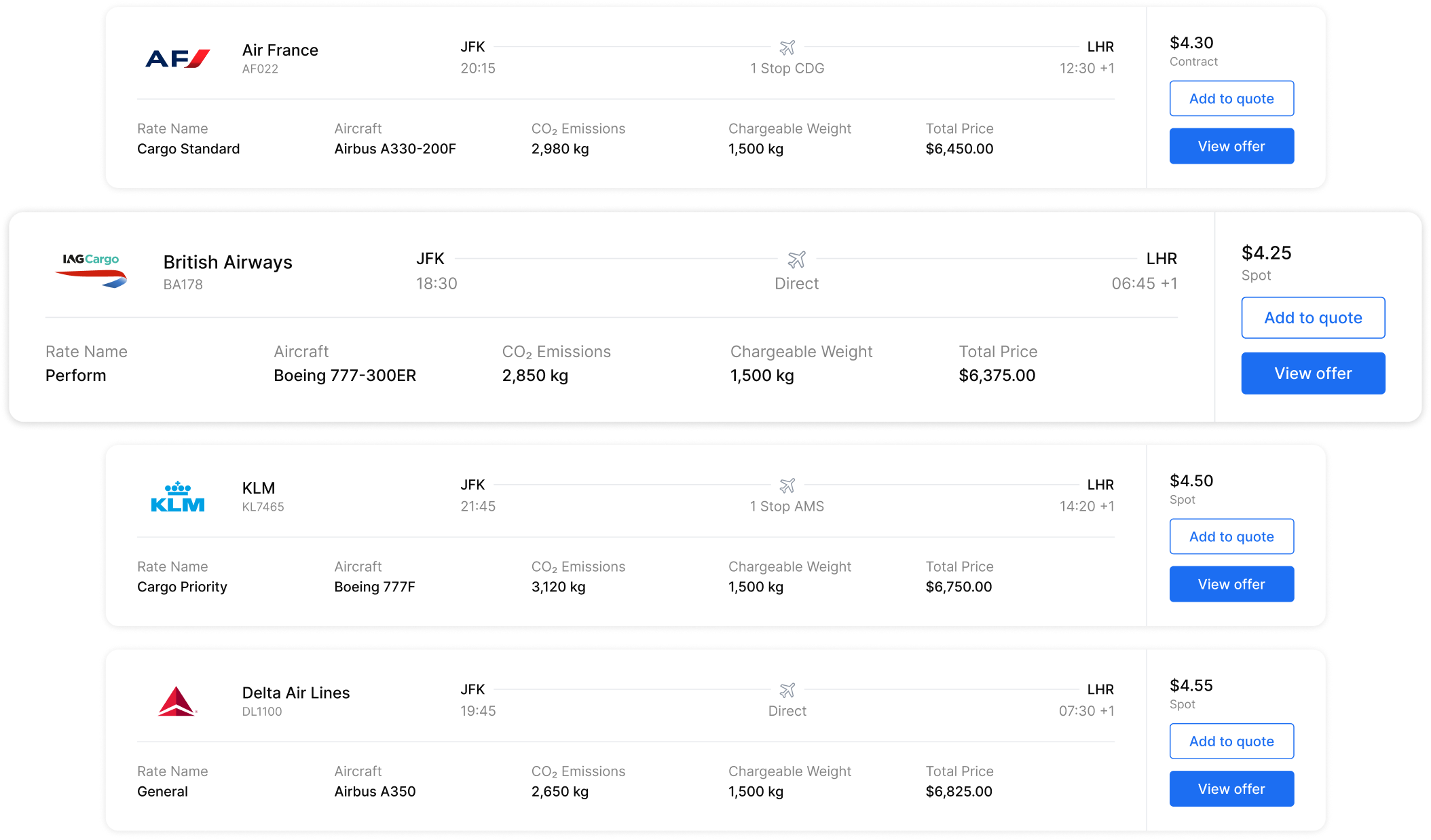 cargo.one search results showing airline offers