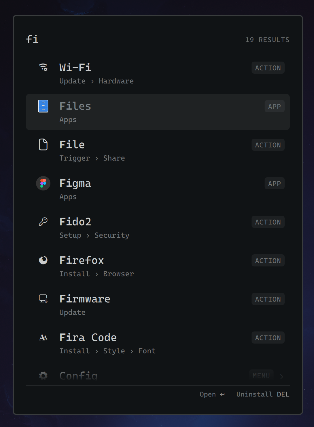 Omascope fuzzy search showing applications and Omarchy commands