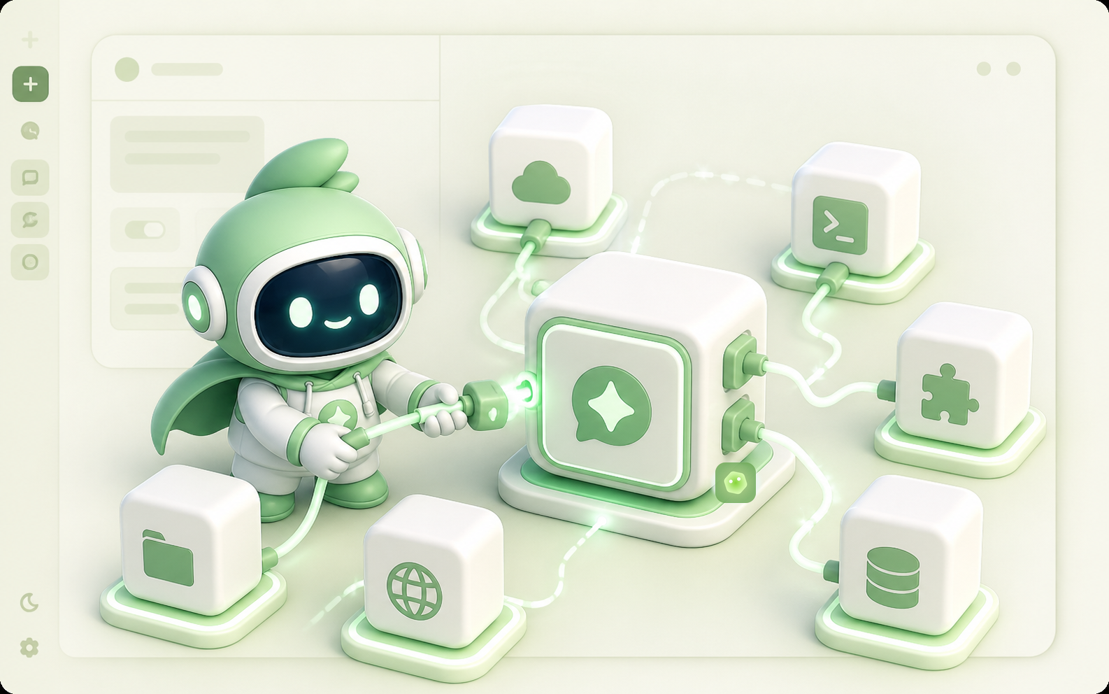 Monaw mascot connecting MCP and external tool blocks