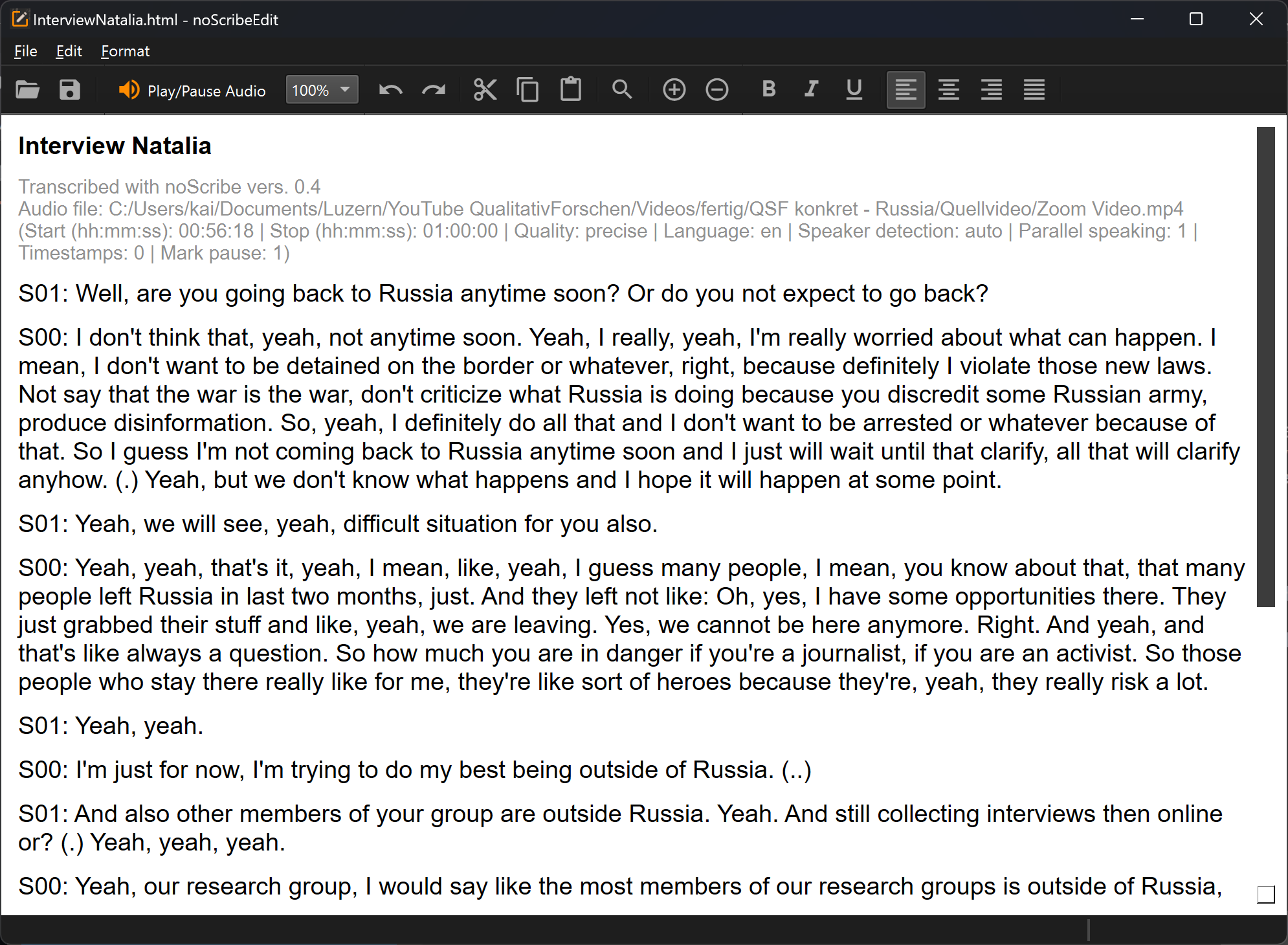 The transcript in the noScribe Editor