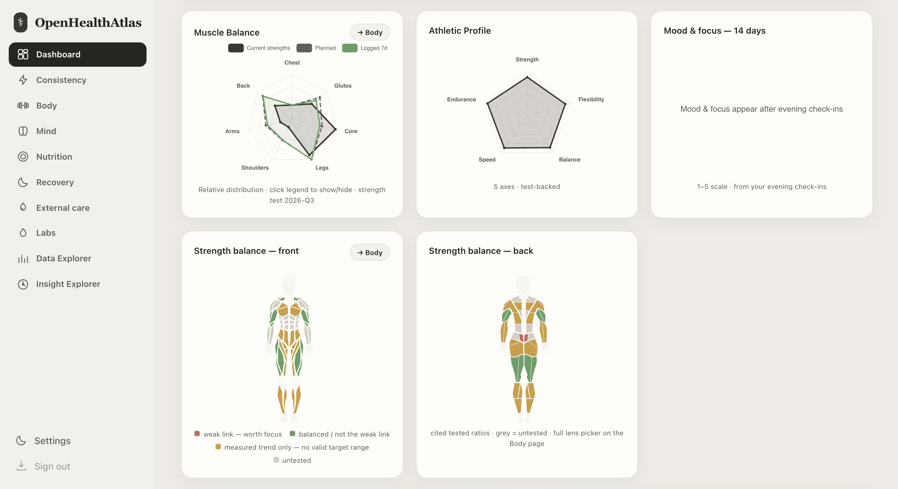 Fictional Open Health Atlas dashboard with Muscle Balance and Athletic Profile radar charts, front and back strength-balance body diagrams, and the navigation sidebar.