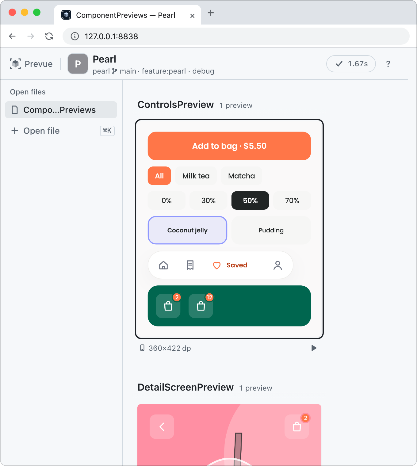 The board for ComponentPreviews.kt of the Pearl bubble tea app. The first group shows a button, filter chips, sweetness options, topping toggles, the bottom nav bar, and bag badges, with the drink detail screen below it. The page is open in a Chrome tab