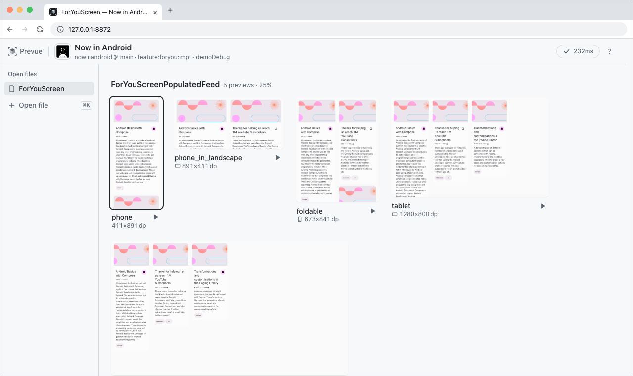 In the viewer showing ForYouScreen, pressing / opens quick open. Typing topic lists TopicScreen.kt along with rows where a Preview function name matched, and Enter opens it. Then / again and the initials nrc find NewsResourceCard.kt. Each opened file stacks up in the open files list on the left, and the 1 and 2 keys jump back to ForYouScreen and TopicScreen