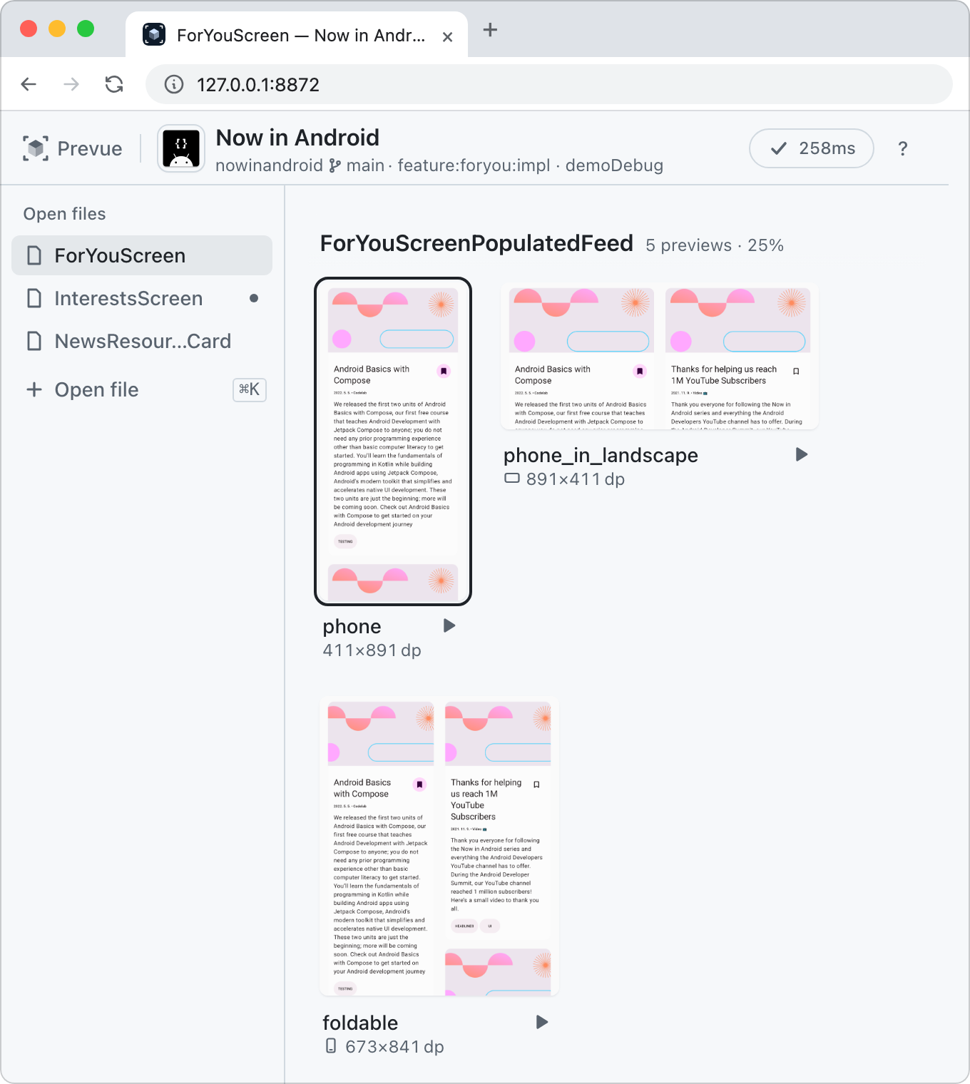 The board with the Previews of nowinandroid ForYouScreen.kt laid out in groups by function. The header shows the app name, folder, branch, module, and variant, with a check pill on the right. The open files list on the left has ForYouScreen, InterestsScreen, and NewsResourceCard, and each group header shows its count and zoom