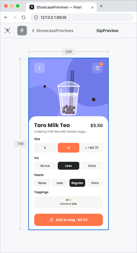 On the detail screen, Ice Extra opens the lid and drops ice in so the drink rises, Pearls Extra pours pearls in a curve, and None flings them off screen. Dragging the cup side to side sloshes the drink, and Sweetness 0% and 100% make its color lighter and then deeper