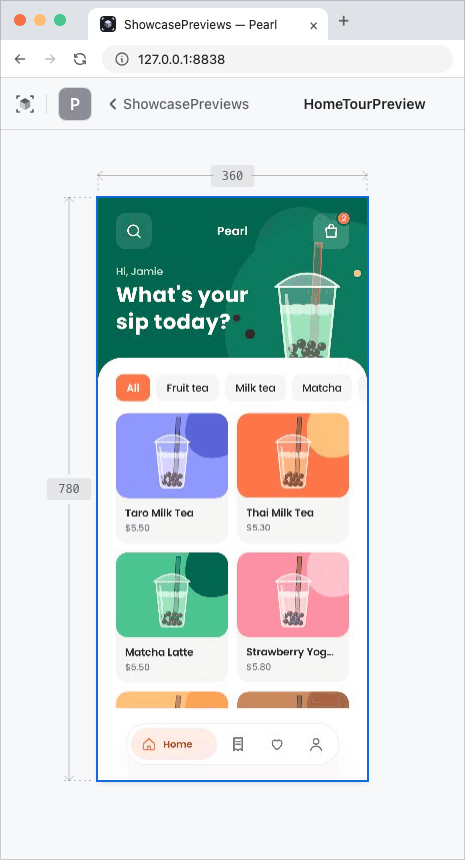 In the workspace, tapping the Taro Milk Tea card grows the card to fill the screen while the cup flies separately into its spot on the detail screen. Add to bag sends the cup flying into the bag at the top right and the badge pops, and the back arrow plays it in reverse back to the card