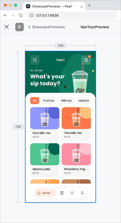In the workspace, tapping the bubble tea app's bottom nav in the order Home, Orders, Saved, Profile, Home slides the orange pill over and expands the label of the chosen tab as the screen changes