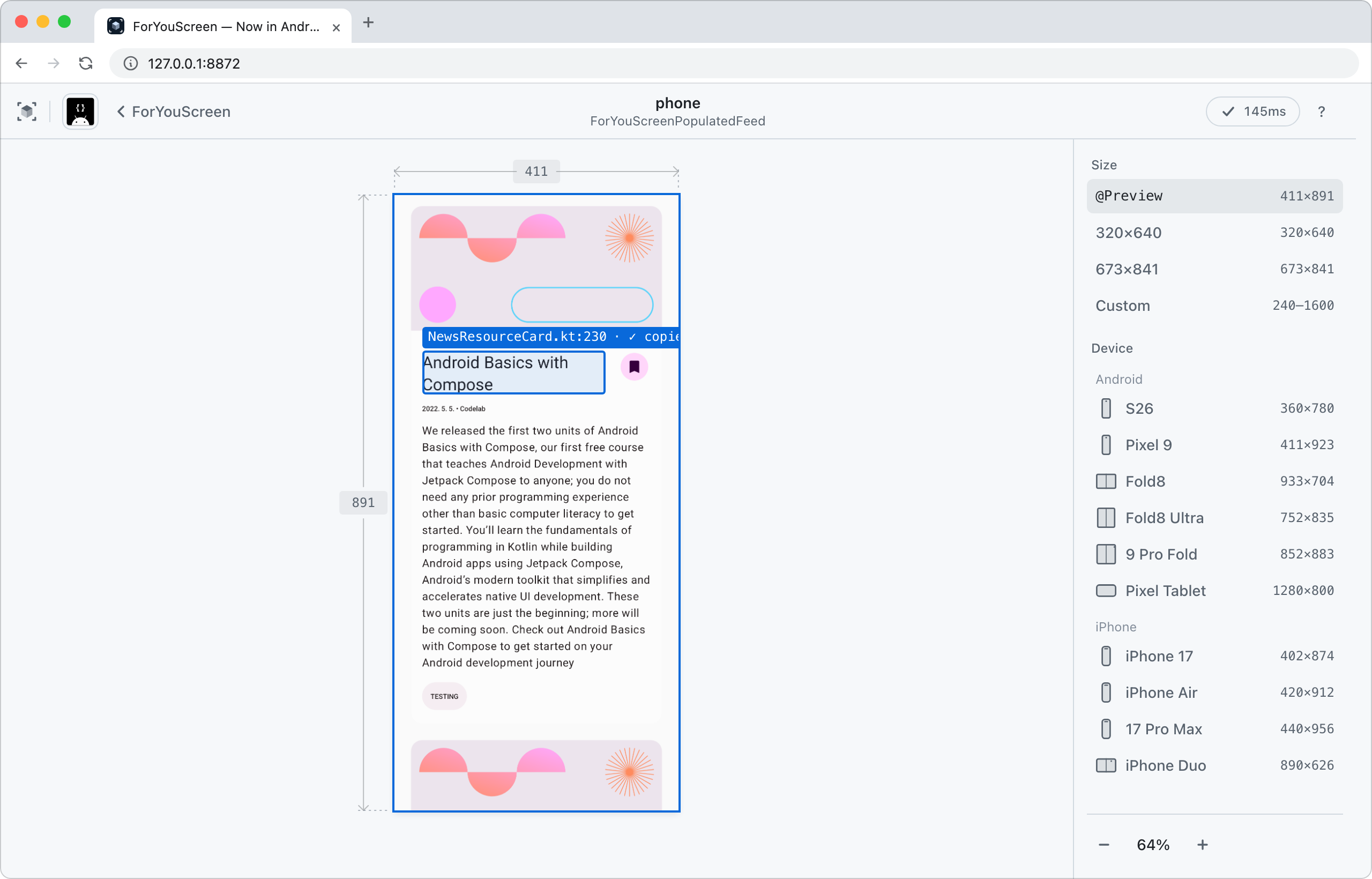 Pointing at the title of a news card in the workspace. A blue box surrounds the title, and the tag above the box reads NewsResourceCard.kt:230 with a copied check