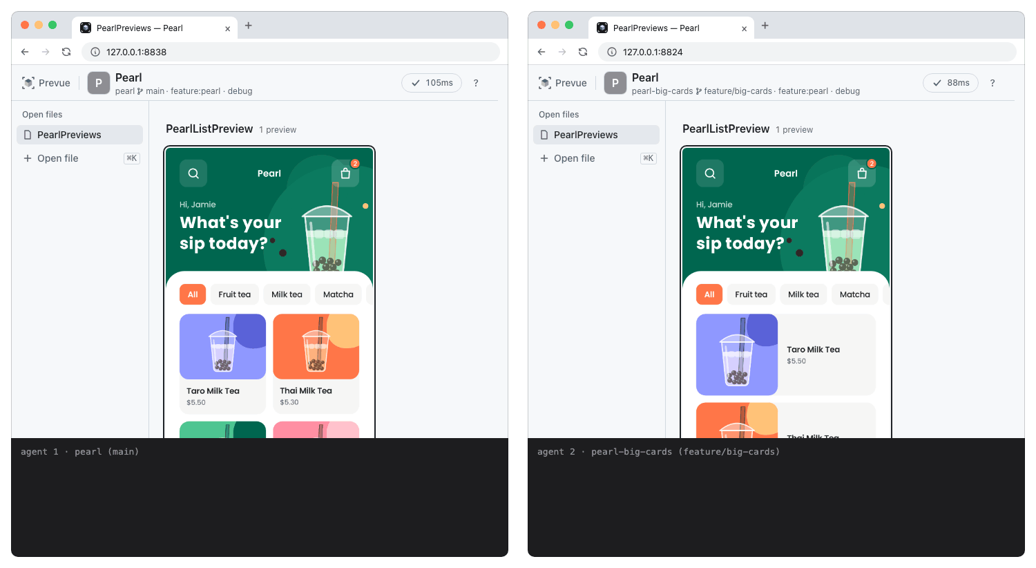 Two Chrome windows for two worktrees of the same repository, each with its own daemon and its own address (main and feature/big-cards) and a terminal strip for the agent working there. Both agents save at the same time — the left changes the header color to purple, the right changes the headline to Big cards, big sips — and each window redraws on its own with the prevue wait result printed below. Then only the left saves again, turning the header orange, and the right window stays as it was