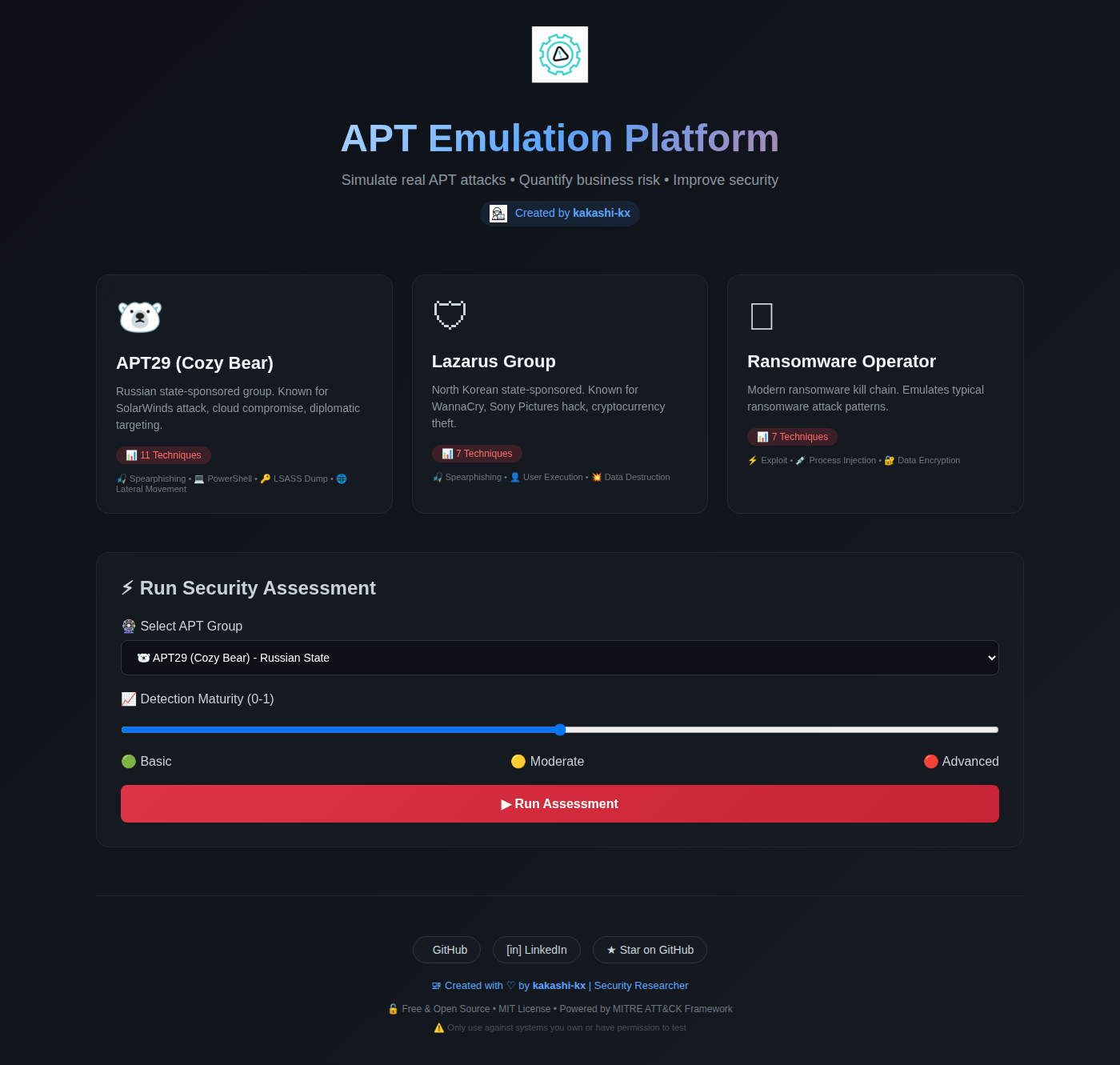 APT Emulation Platform dashboard