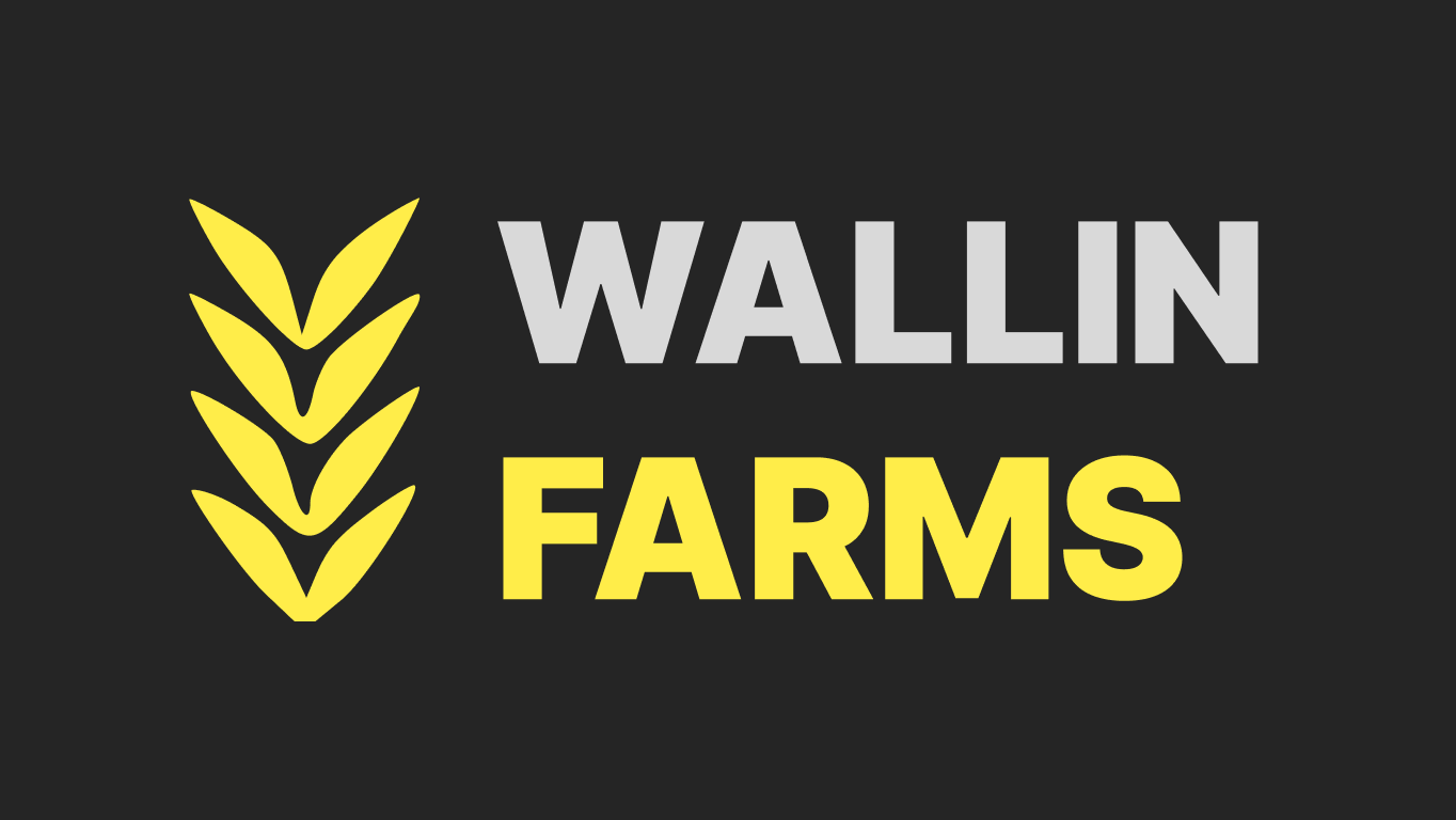 Wallin Farms Logo with four wheat heads stacked on top of each other on a black background and the text Wallin in white and Farms in yellow all capitalized.