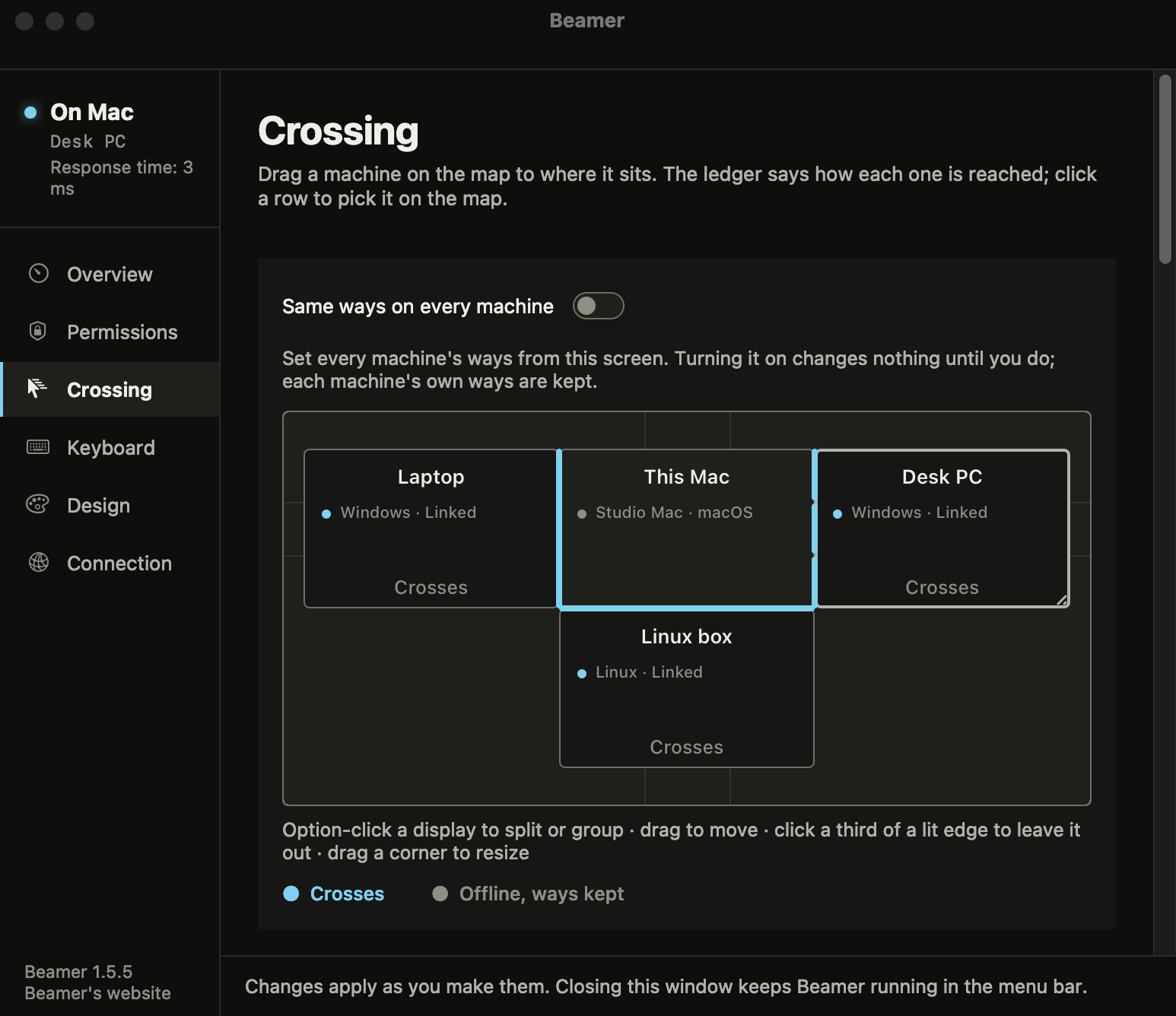 Beamer's Crossing page on the Mac: a drawing of the Mac and the PC side by side with the crossing edge lit, and the ways in