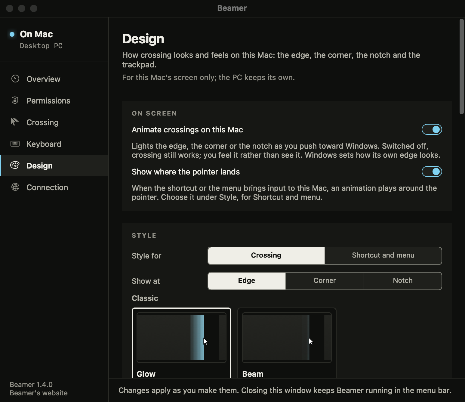 Beamer's Design page on the Mac: a tile for each crossing style, shown at the edge, a corner or the notch, and the colours