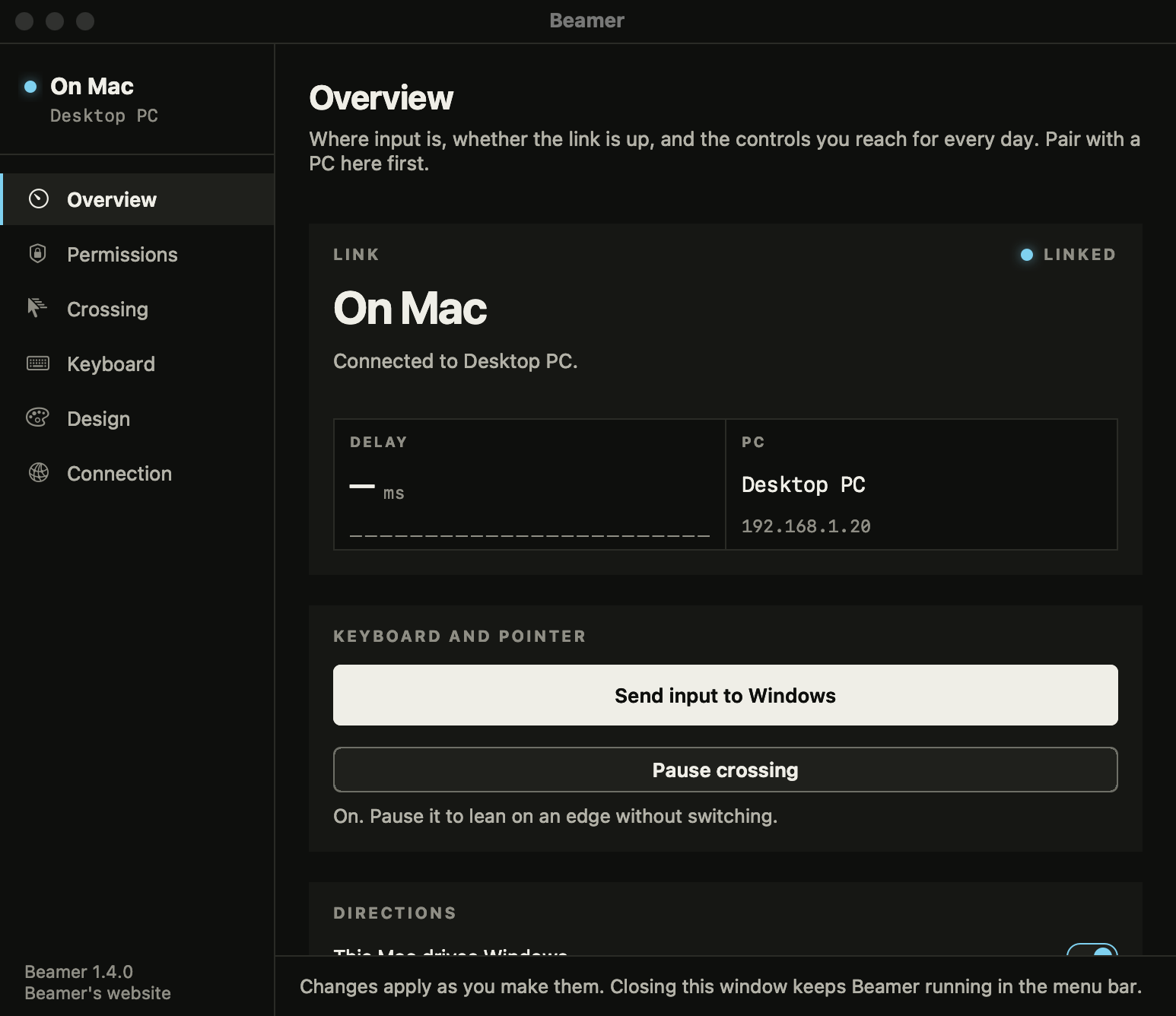 Beamer's Overview page on the Mac: where input is, whether the link is up, Send input and Pause crossing, and a switch for each direction