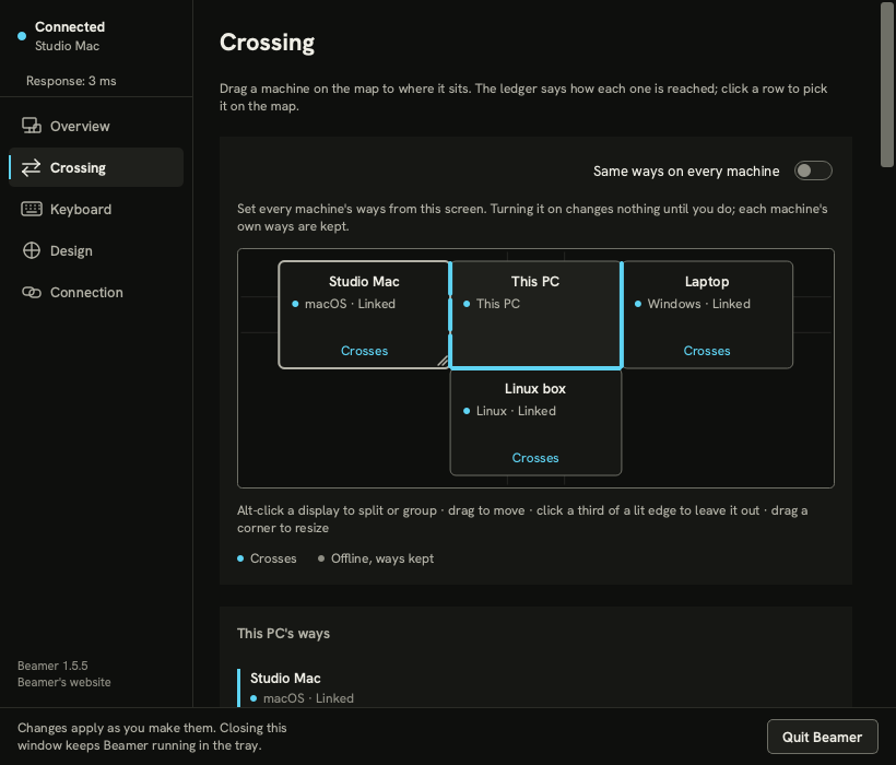 Beamer's Crossing page on Windows: a drawing of the Mac and the PC with the crossing edge lit, the ways in and where the Mac sits
