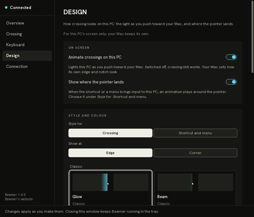 Beamer's Design page on Windows: a tile for each crossing style, shown at the edge, a corner or the notch, and the colours