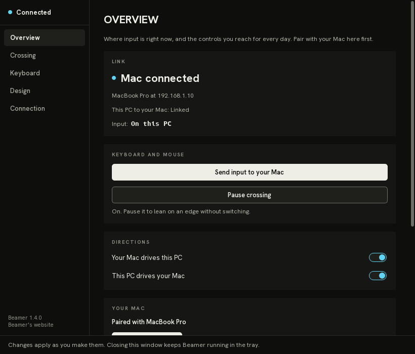 Beamer's Overview page on Windows: where input is, Send input and Pause crossing, and a switch for each direction