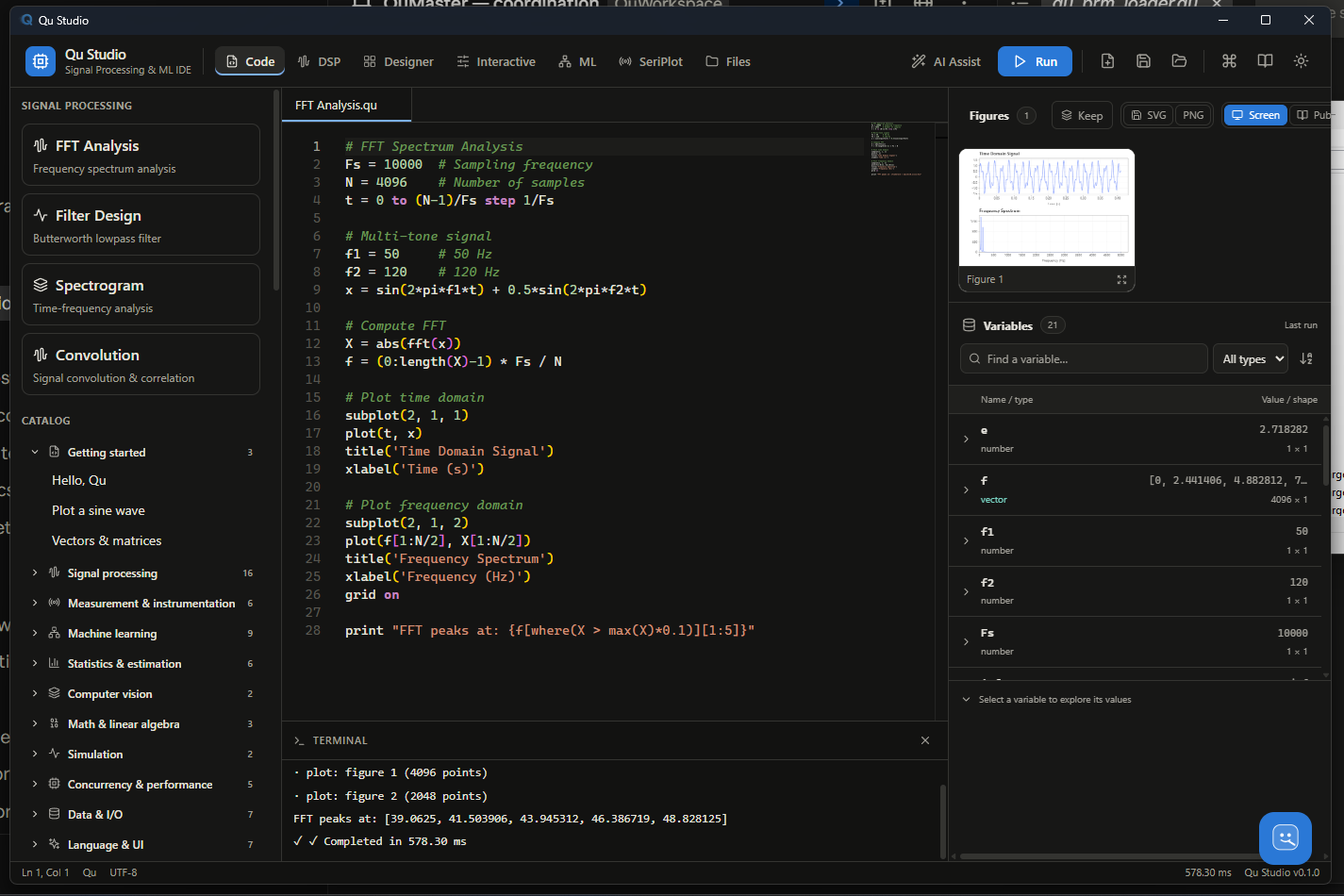 Qu Studio code editor running an FFT analysis, figures and variables live alongside the script