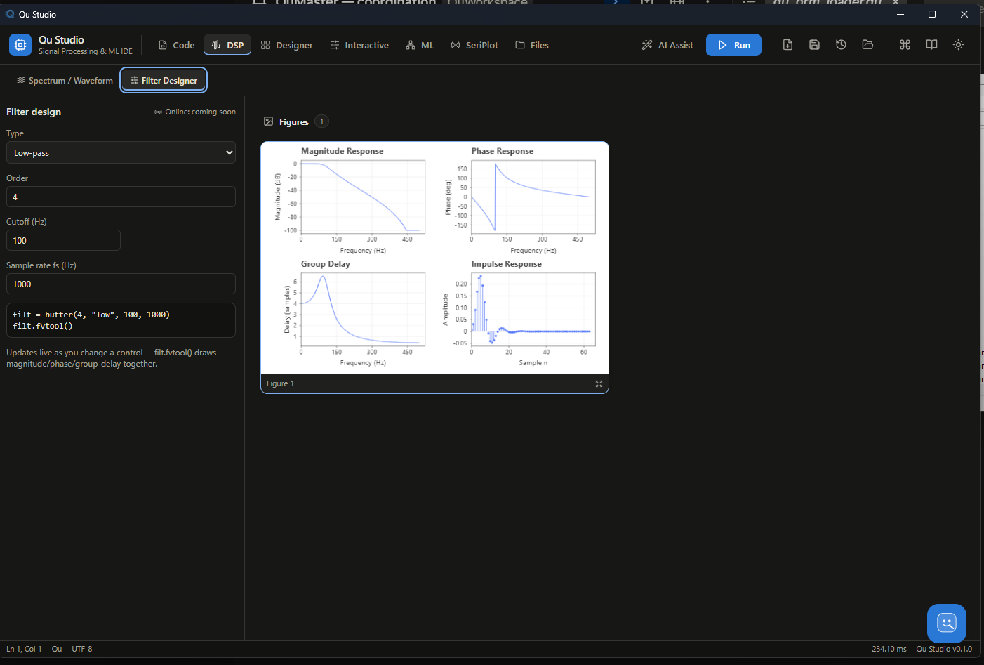 Qu Studio DSP Workbench: change a control, the response redraws live