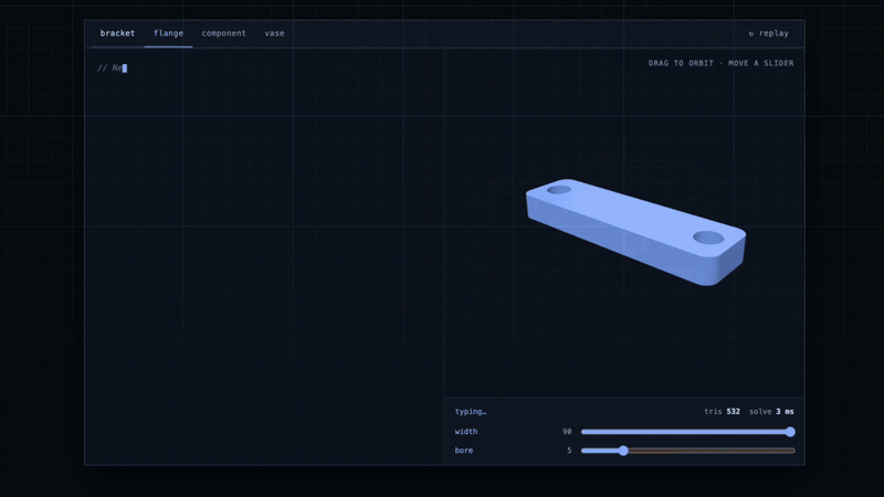 The demo typing a bracket, a flange, a component and a vase, solving each and re-solving as a slider moves