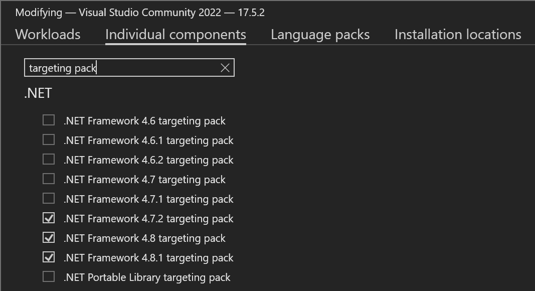 visualstudioinstaller-targeting-packs