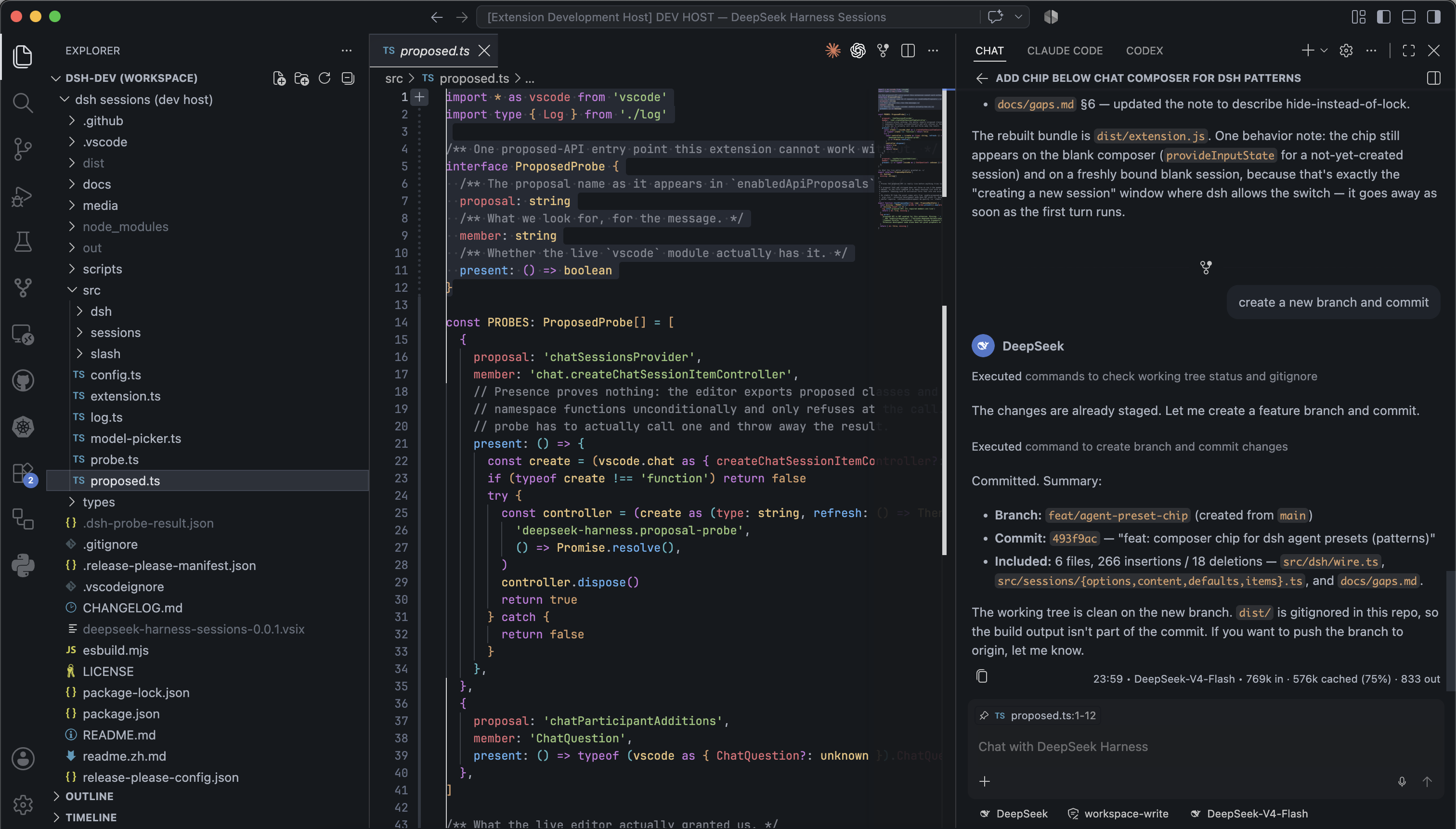 DeepSeek Harness answering in VS Code's chat panel, with the sessions list beside it