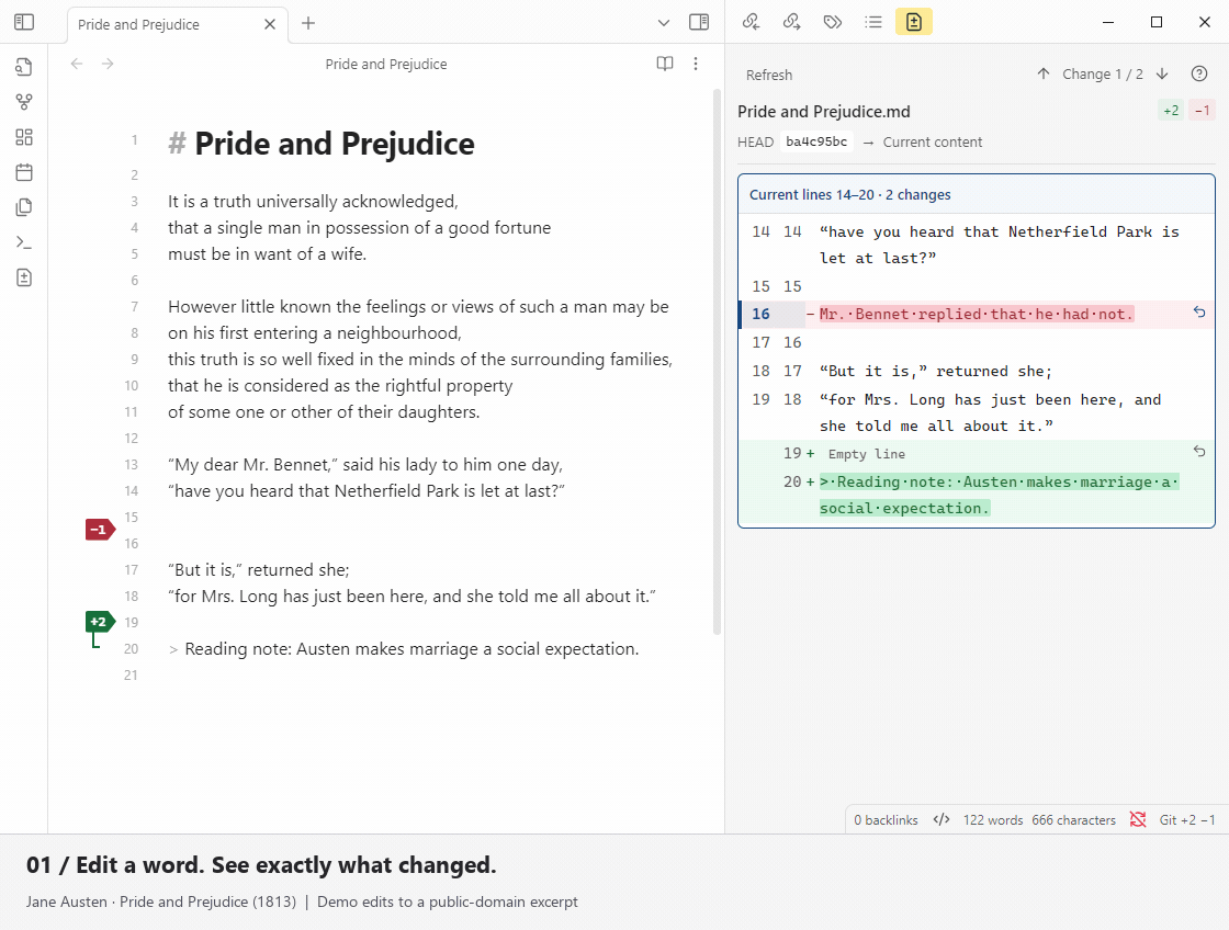 Obsidian demo: edit, inspect a deletion, restore one change, and undo