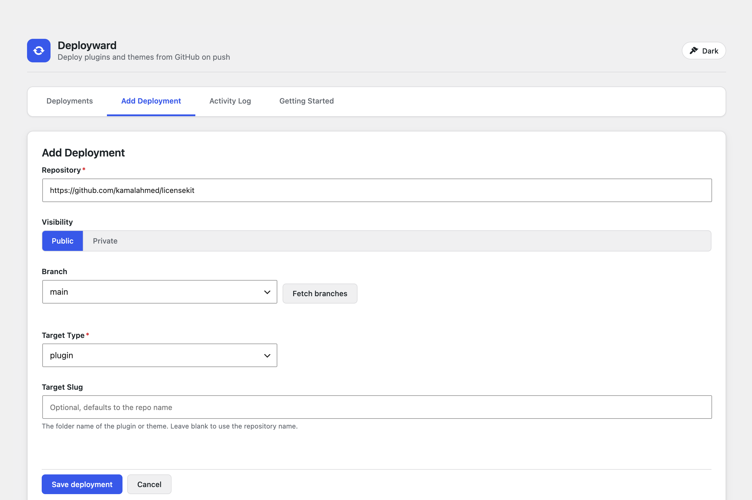 Add Deployment form