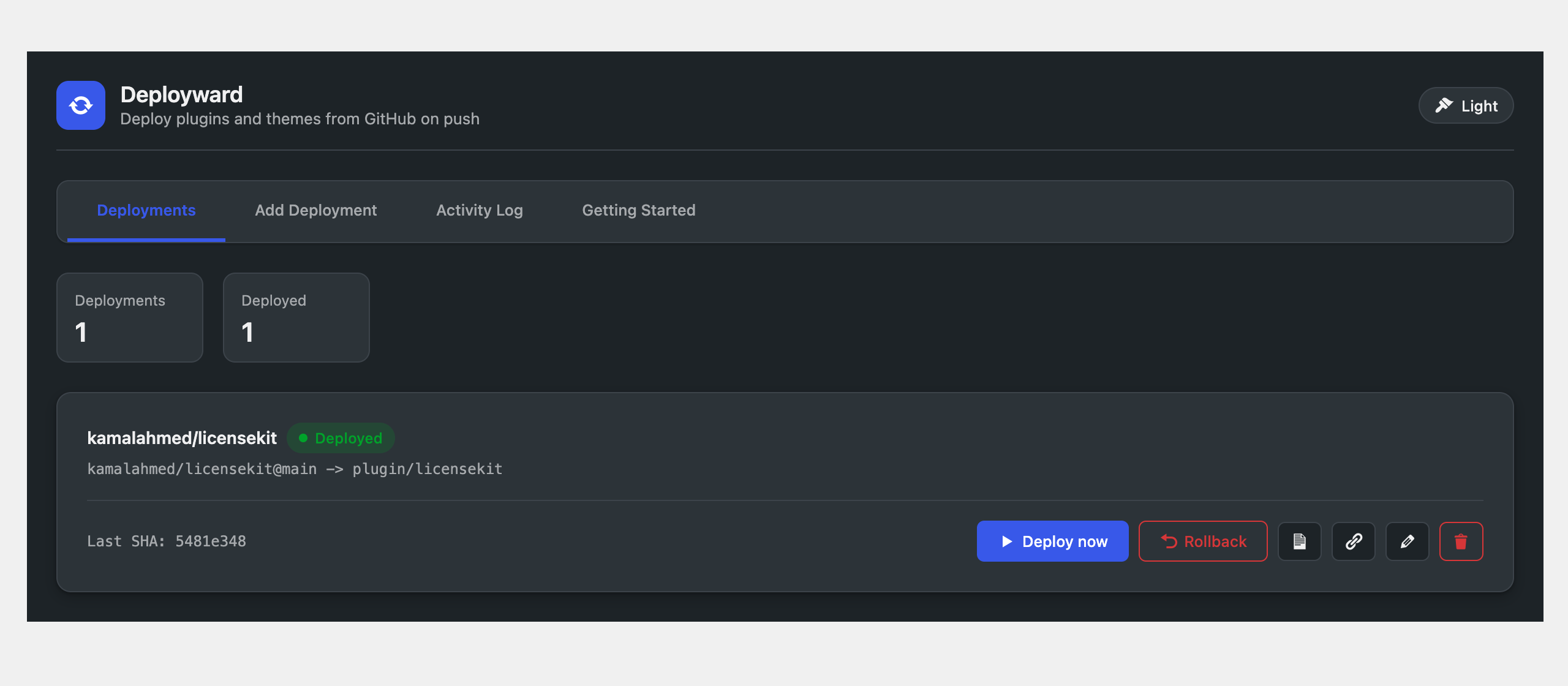 Deployments dashboard in dark mode