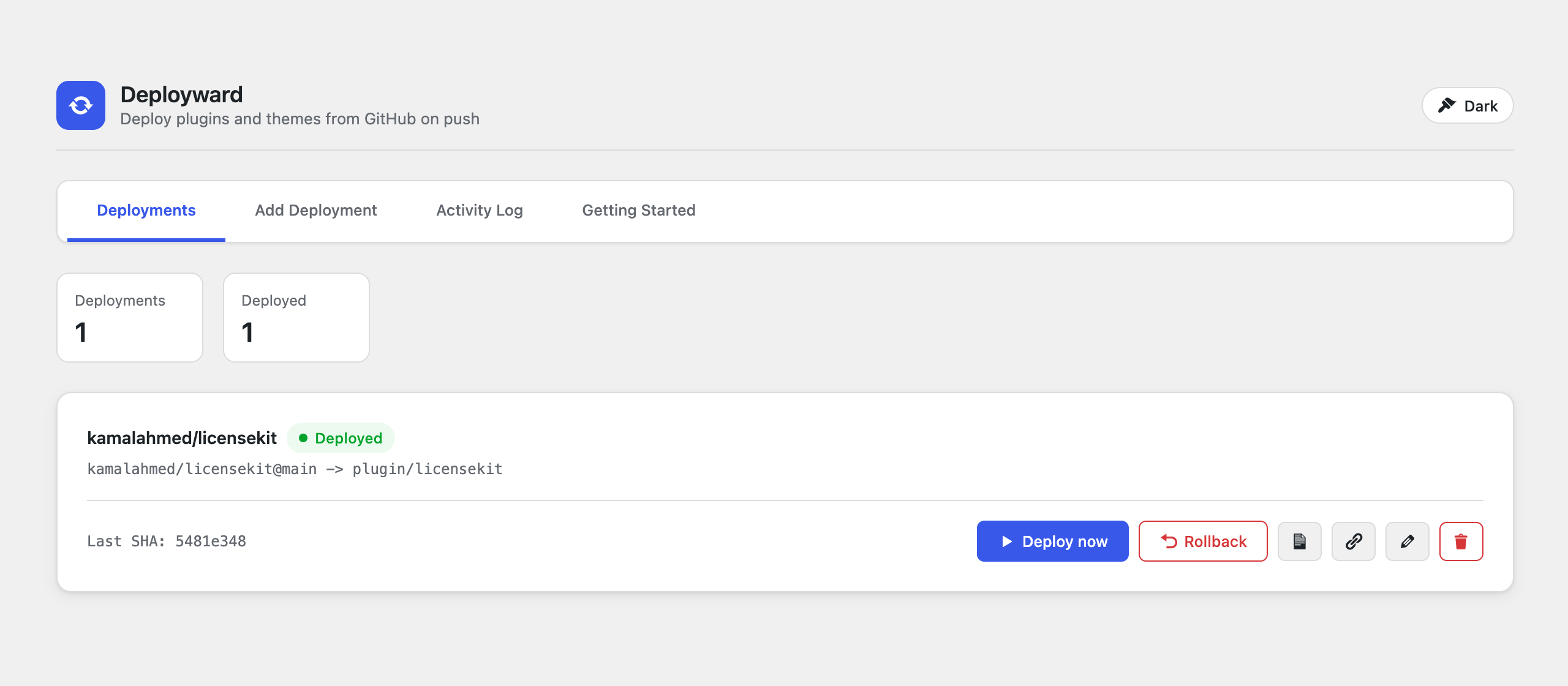 Deployments dashboard in light mode