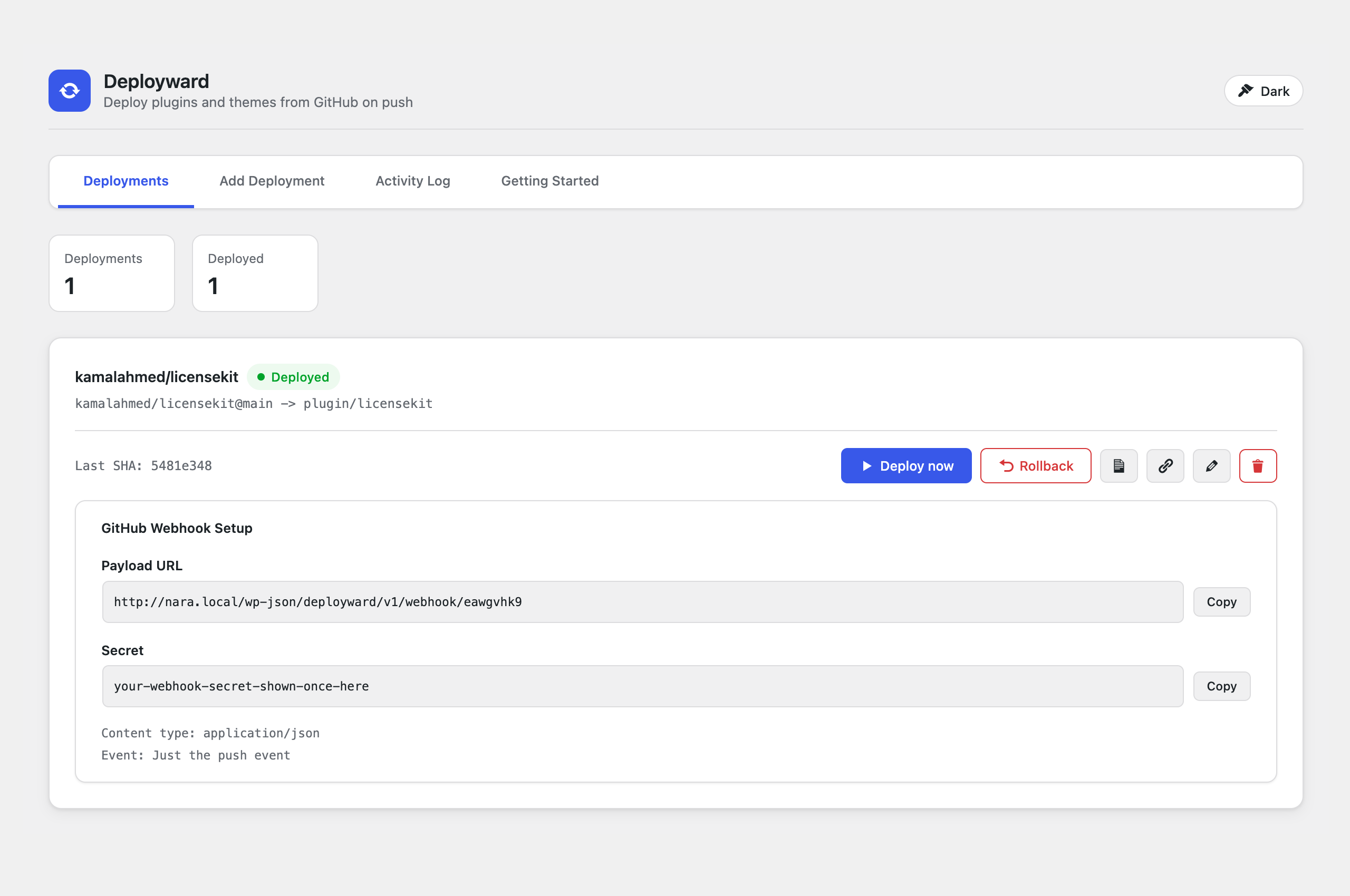 Webhook setup panel