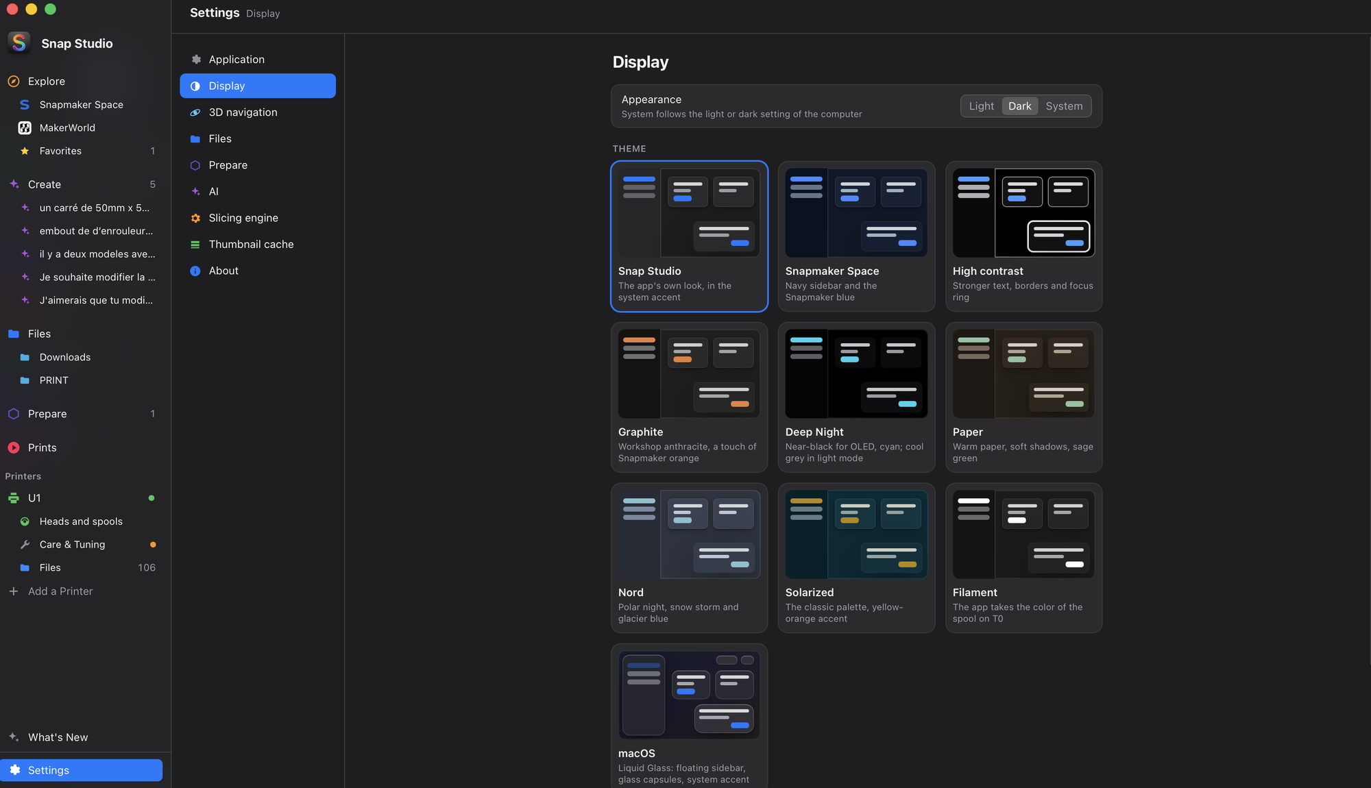 Settings › Display: appearance and the ten themes