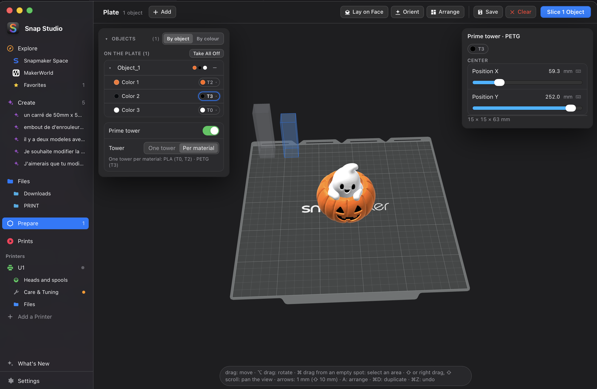 Prepare: a model on the plate, each color sent to its head, and one prime tower per material
