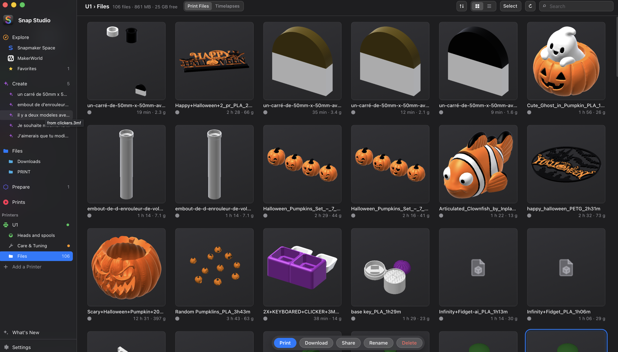 A printer's files, as a grid of thumbnails