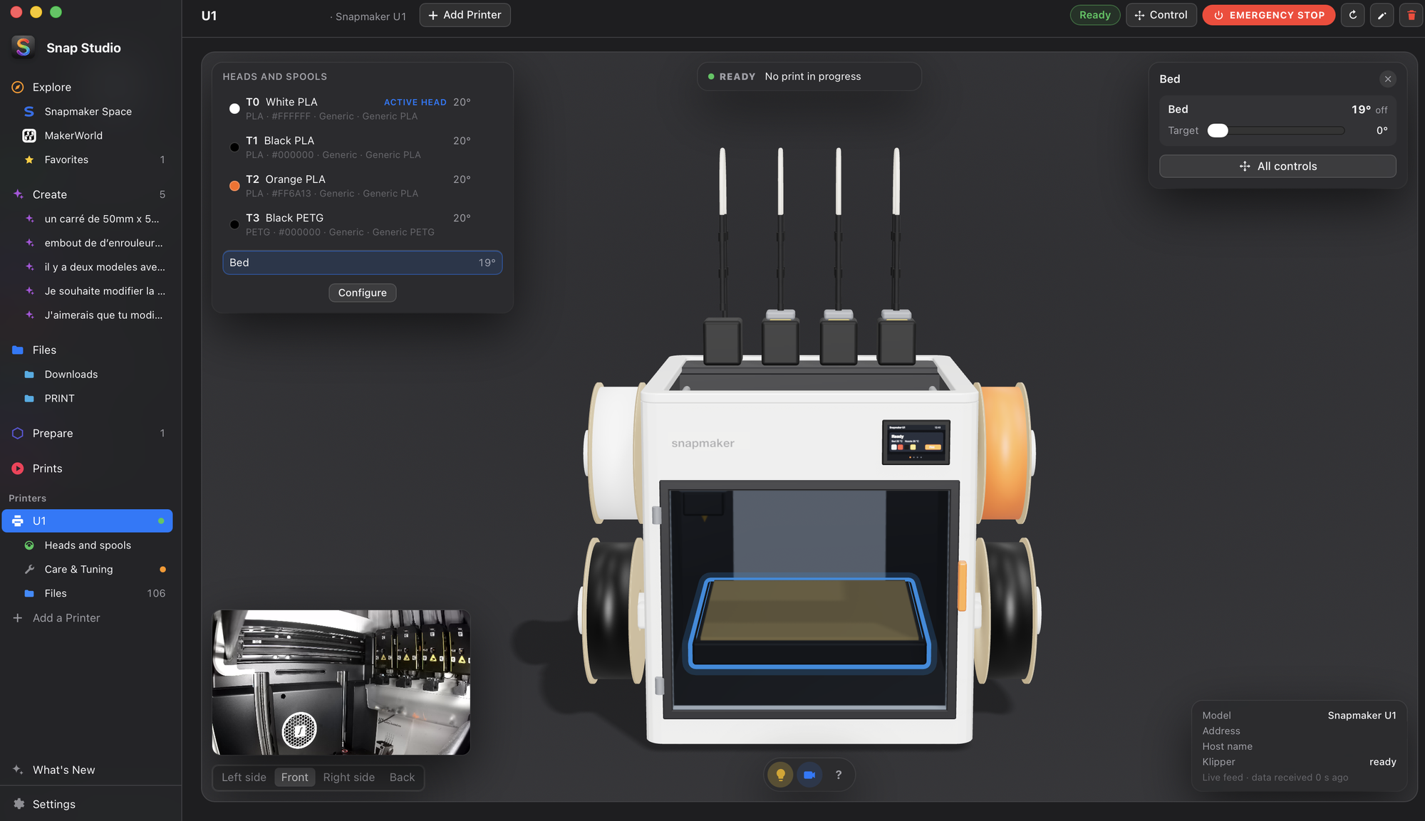 Snap Studio — the Snapmaker U1 in 3D, with its spools, heads, bed and light