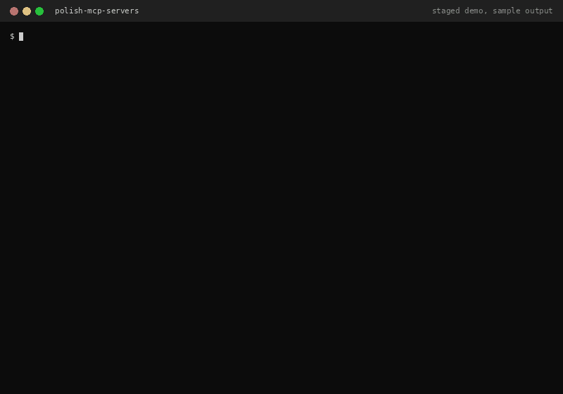 Demo: an MCP client lists the 13 tools over stdio, then calls polish-new-companies-krs and gets one company back as JSON {items, truncated}