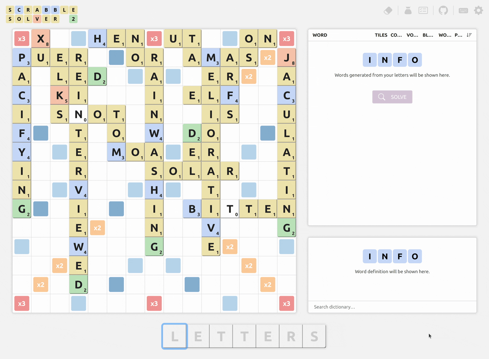 Screencast GIF showing user interface when solving for oxyphenbutazone, which is a top-scoring word in English version of Scrabble