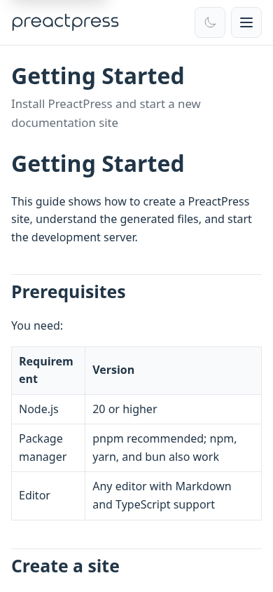 PreactPress docs theme on mobile