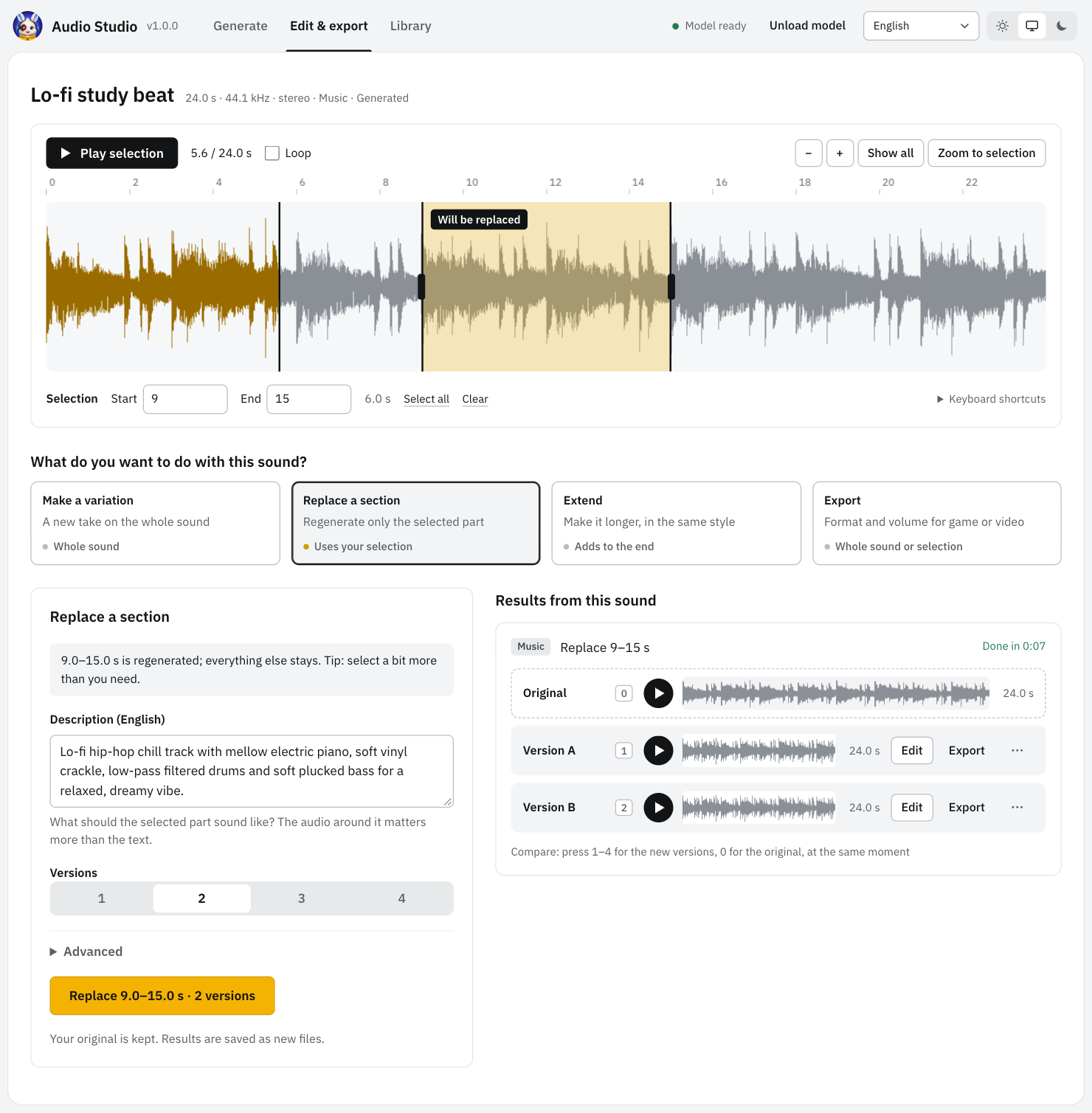 Web UI, Edit page: a selected part of the waveform will be replaced, with the original and two new versions to compare