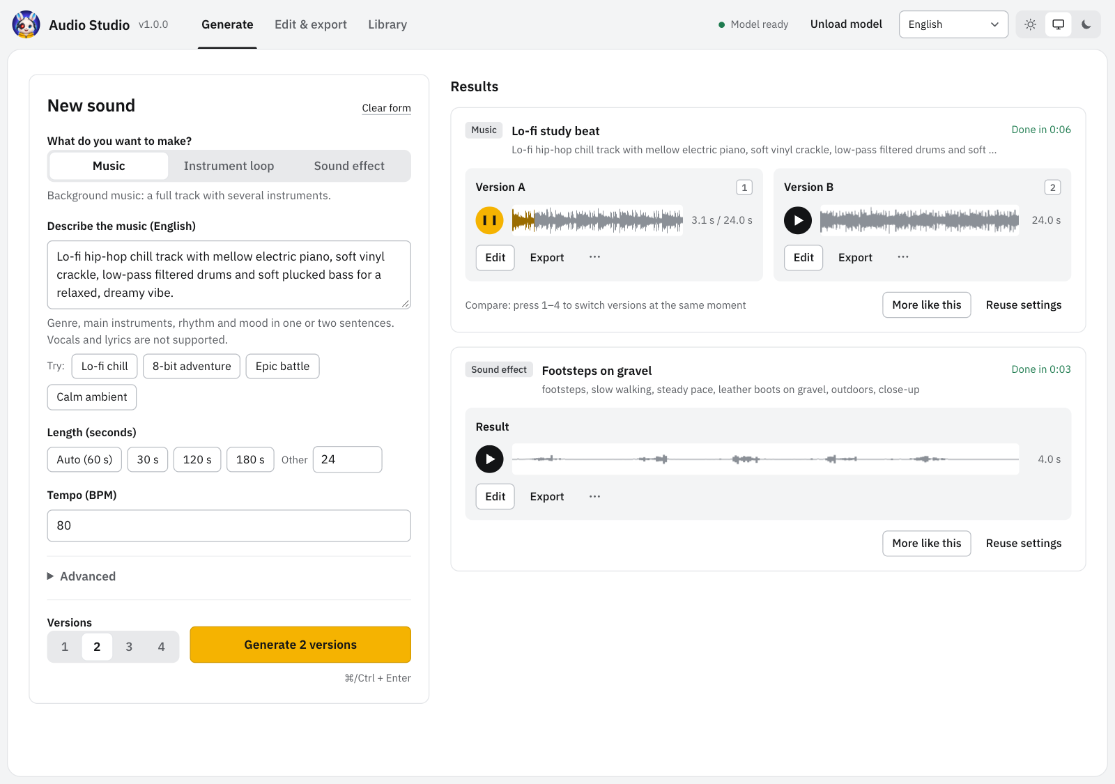 Web UI, Generate page: two versions of a lo-fi track to compare, and a footstep sound effect
