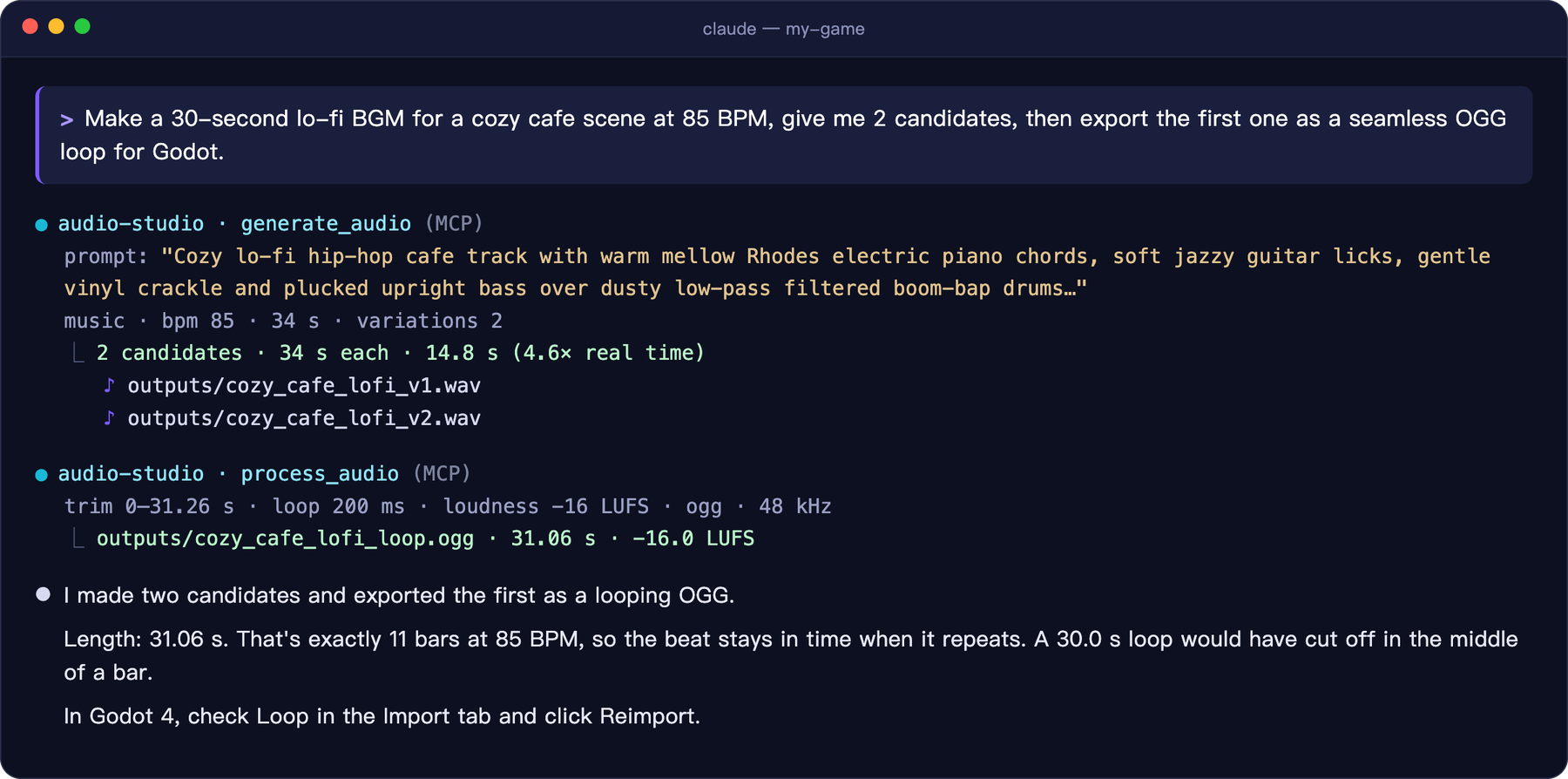 A real Claude Code session: one request produces two lo-fi BGM candidates and a seamless OGG loop for Godot